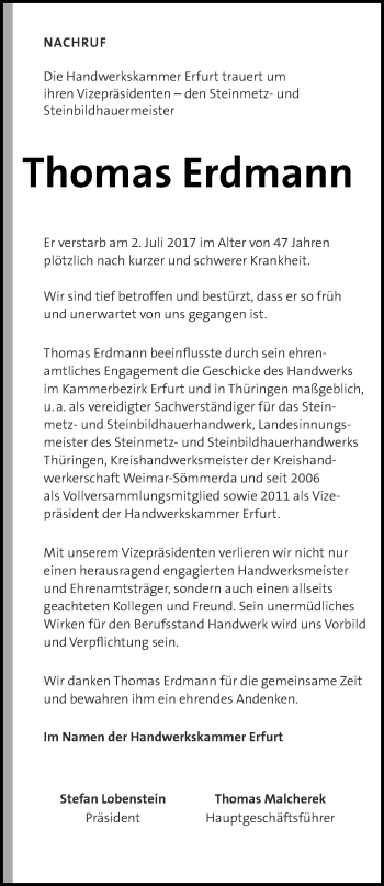 Traueranzeige von Thomas Erdmann von Thüringer Allgemeine, Thüringische Landeszeitung