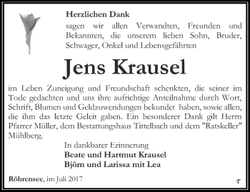 Traueranzeige von Jens Krausel von Ostthüringer Zeitung, Thüringische Landeszeitung