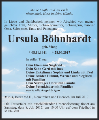 Traueranzeige von Ursula Böhnhardt von Thüringer Allgemeine, Thüringische Landeszeitung