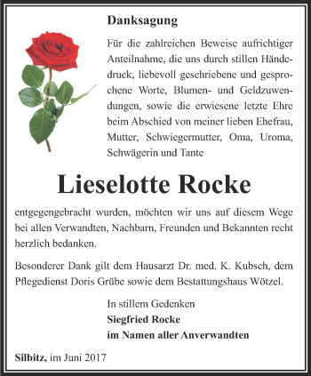 Traueranzeige von Lieselotte Rocke von Ostthüringer Zeitung