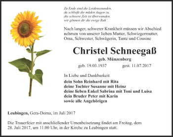 Traueranzeige von Christel Schneegaß von Thüringer Allgemeine