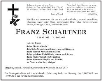 Traueranzeige von Franz Schartner