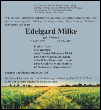 Traueranzeige von Edelgard Milke