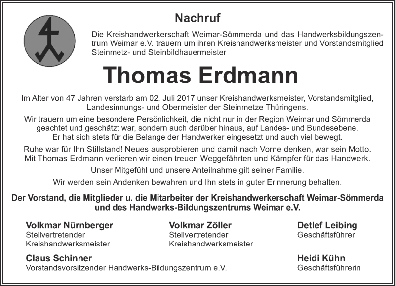  Traueranzeige für Thomas Erdmann vom 12.07.2017 aus Thüringer Allgemeine, Thüringische Landeszeitung