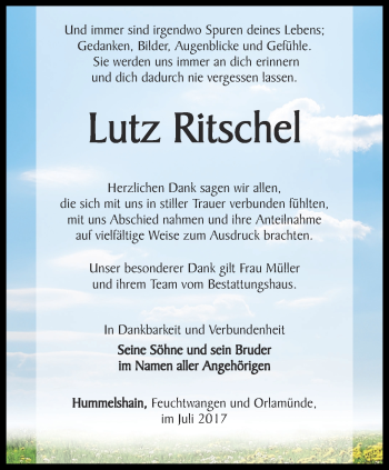 Traueranzeige von Lutz Ritschel von Ostthüringer Zeitung, Thüringische Landeszeitung