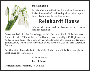 Traueranzeige von Reinhardt Bause von Ostthüringer Zeitung, Thüringische Landeszeitung