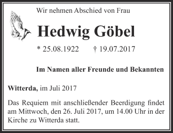 Traueranzeige von Hedwig Göbel von Thüringer Allgemeine, Thüringische Landeszeitung