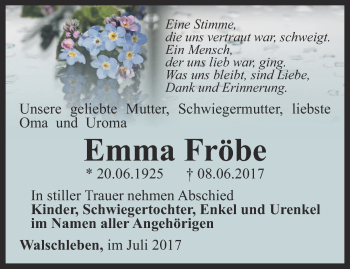 Traueranzeige von Emma Fröbe von Thüringer Allgemeine, Thüringische Landeszeitung