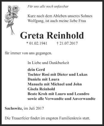 Traueranzeige von Greta Reinhold von Ostthüringer Zeitung