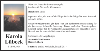 Traueranzeige von Karola Lübeck von Thüringer Allgemeine