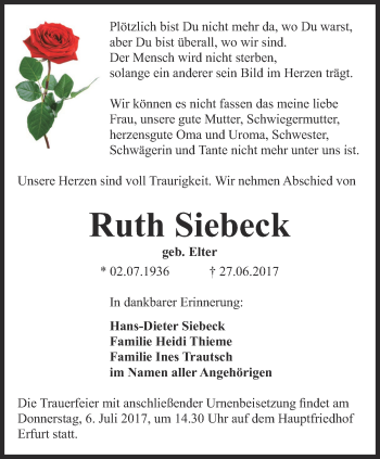 Traueranzeige von Ruth Siebeck von Thüringer Allgemeine, Thüringische Landeszeitung
