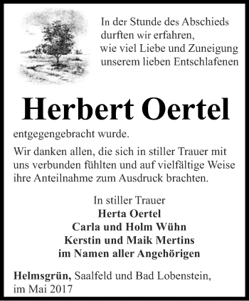 Traueranzeige von Herbert Oertel von Ostthüringer Zeitung