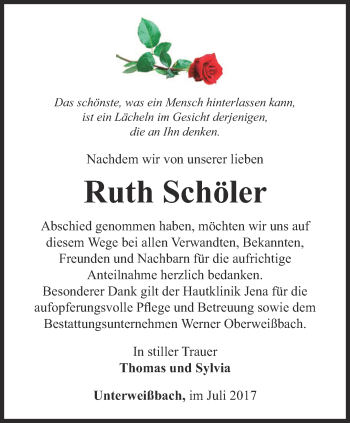 Traueranzeige von Ruth Schöler von Ostthüringer Zeitung