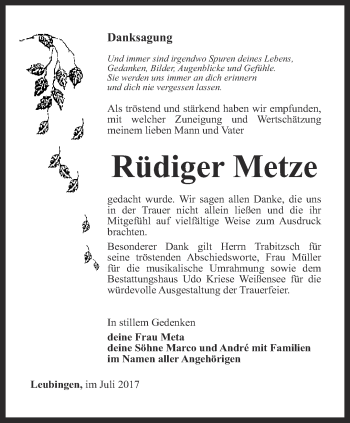 Traueranzeige von Rüdiger Metze von Thüringer Allgemeine