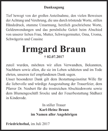 Traueranzeige von Irmgard Braun von Thüringer Allgemeine