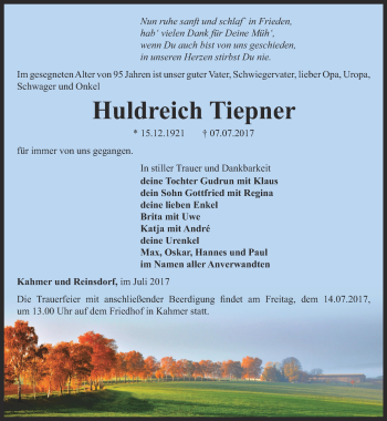 Traueranzeige von Huldreich Tiepner von Ostthüringer Zeitung