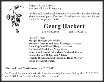 Traueranzeige von Georg Hackert von Thüringer Allgemeine
