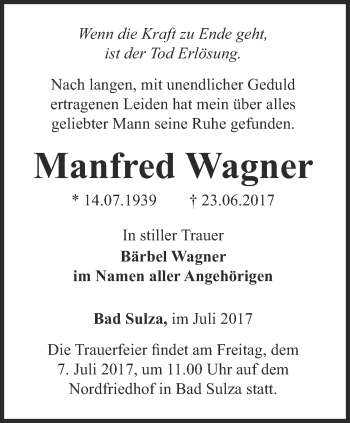 Traueranzeige von Manfred Wagner von Thüringer Allgemeine, Thüringische Landeszeitung