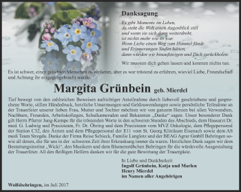 Traueranzeige von Margita Grünbein von Thüringer Allgemeine, Thüringische Landeszeitung