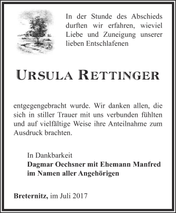 Traueranzeige von Ursula Rettinger von Ostthüringer Zeitung