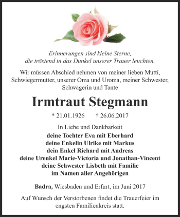 Traueranzeige von Irmtraut Stegmann von Thüringer Allgemeine