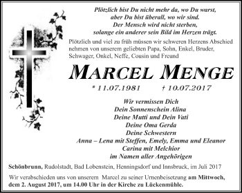 Traueranzeige von Marcel Menge von Ostthüringer Zeitung