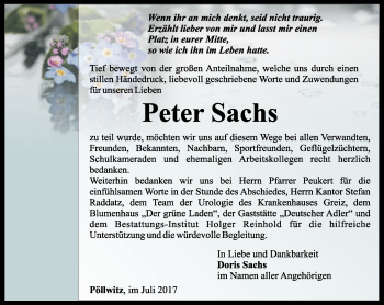 Traueranzeige von Peter Sachs von Ostthüringer Zeitung