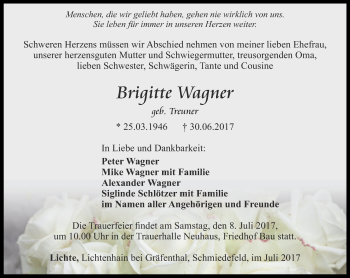 Traueranzeige von Brigitte Wagner von Ostthüringer Zeitung