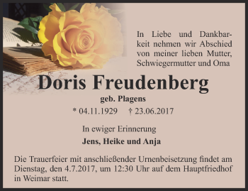Traueranzeige von Doris Freudenberg von Thüringer Allgemeine, Thüringische Landeszeitung