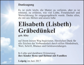 Traueranzeige von Elisabeth Gräbedünkel von Thüringer Allgemeine, Thüringische Landeszeitung