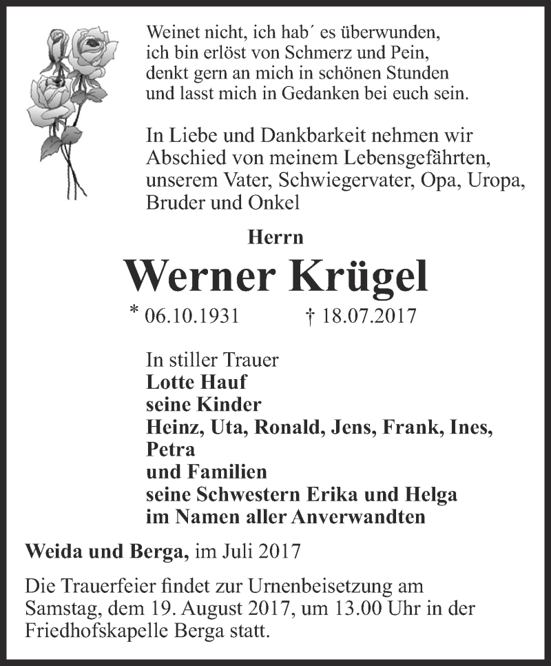  Traueranzeige für Werner Krügel vom 22.07.2017 aus Ostthüringer Zeitung