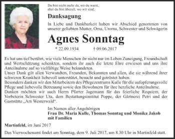 Traueranzeige von Agnes Sonntag von Thüringer Allgemeine