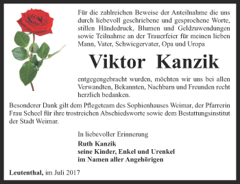 Traueranzeige von Viktor Kanzik von Thüringer Allgemeine, Thüringische Landeszeitung