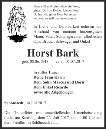 Traueranzeige von Horst Bark von Thüringer Allgemeine, Thüringische Landeszeitung