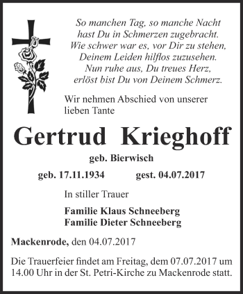 Traueranzeige von Gertrud Krieghoff von Thüringer Allgemeine