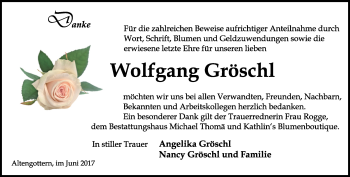 Traueranzeige von Wolfgang Gröschl von Thüringer Allgemeine, Thüringische Landeszeitung