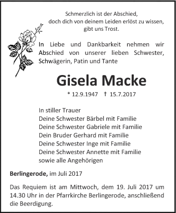 Traueranzeige von Gisela Macke von Thüringer Allgemeine