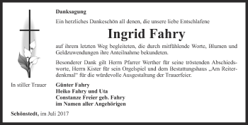 Traueranzeige von Ingrid Fahry von Thüringer Allgemeine, Thüringische Landeszeitung