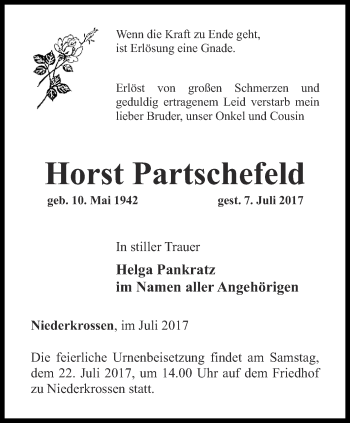 Traueranzeige von Horst Partschefeld von Ostthüringer Zeitung