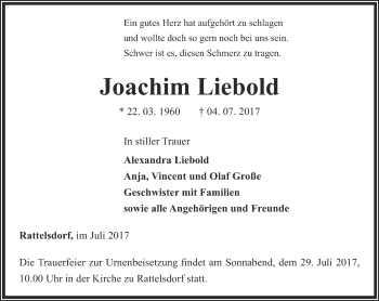 Traueranzeige von Joachim Liebold von Ostthüringer Zeitung