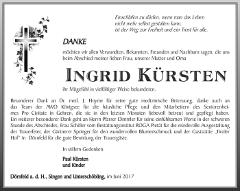 Traueranzeige von Ingrid Kürsten von Ostthüringer Zeitung