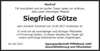 Traueranzeige von Siegfried Götze von Thüringer Allgemeine