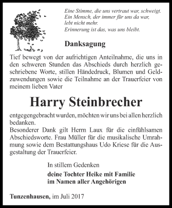 Traueranzeige von Harry Steinbrecher von Thüringer Allgemeine