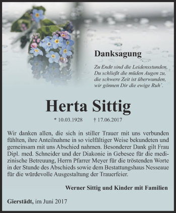 Traueranzeige von Herta Sittig von Thüringer Allgemeine, Thüringische Landeszeitung