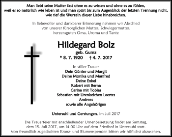 Traueranzeige von Hildegard Bolz von Thüringer Allgemeine, Thüringische Landeszeitung