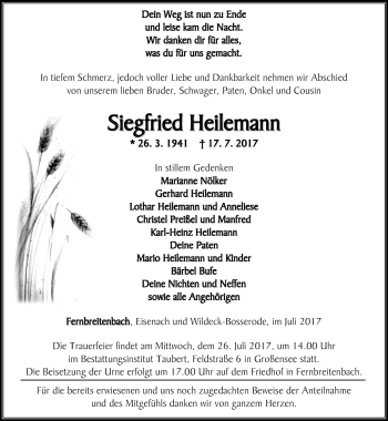 Traueranzeige von Siegfried Heilemann von Thüringer Allgemeine, Thüringische Landeszeitung