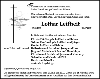 Traueranzeige von Lothar Leifheit von Thüringer Allgemeine, Thüringische Landeszeitung