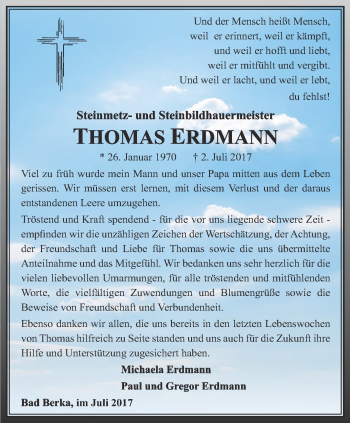 Traueranzeige von Thomas Erdmann von Thüringer Allgemeine, Thüringische Landeszeitung