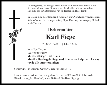 Traueranzeige von Karl Fiege von Thüringer Allgemeine