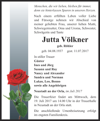 Traueranzeige von Jutta Völkner